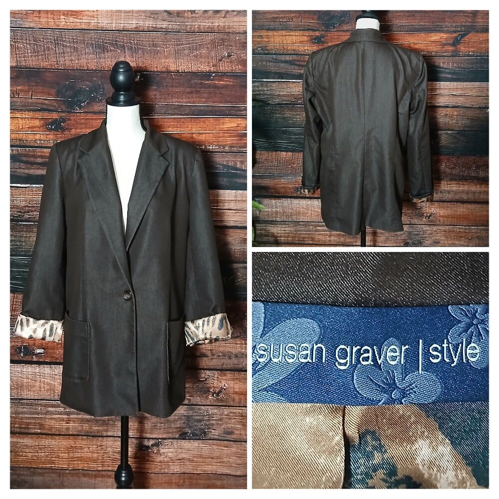 Susan Graver Style Blazer M Brown Boyfriend Jacket Animal Print Lined Bohemian
